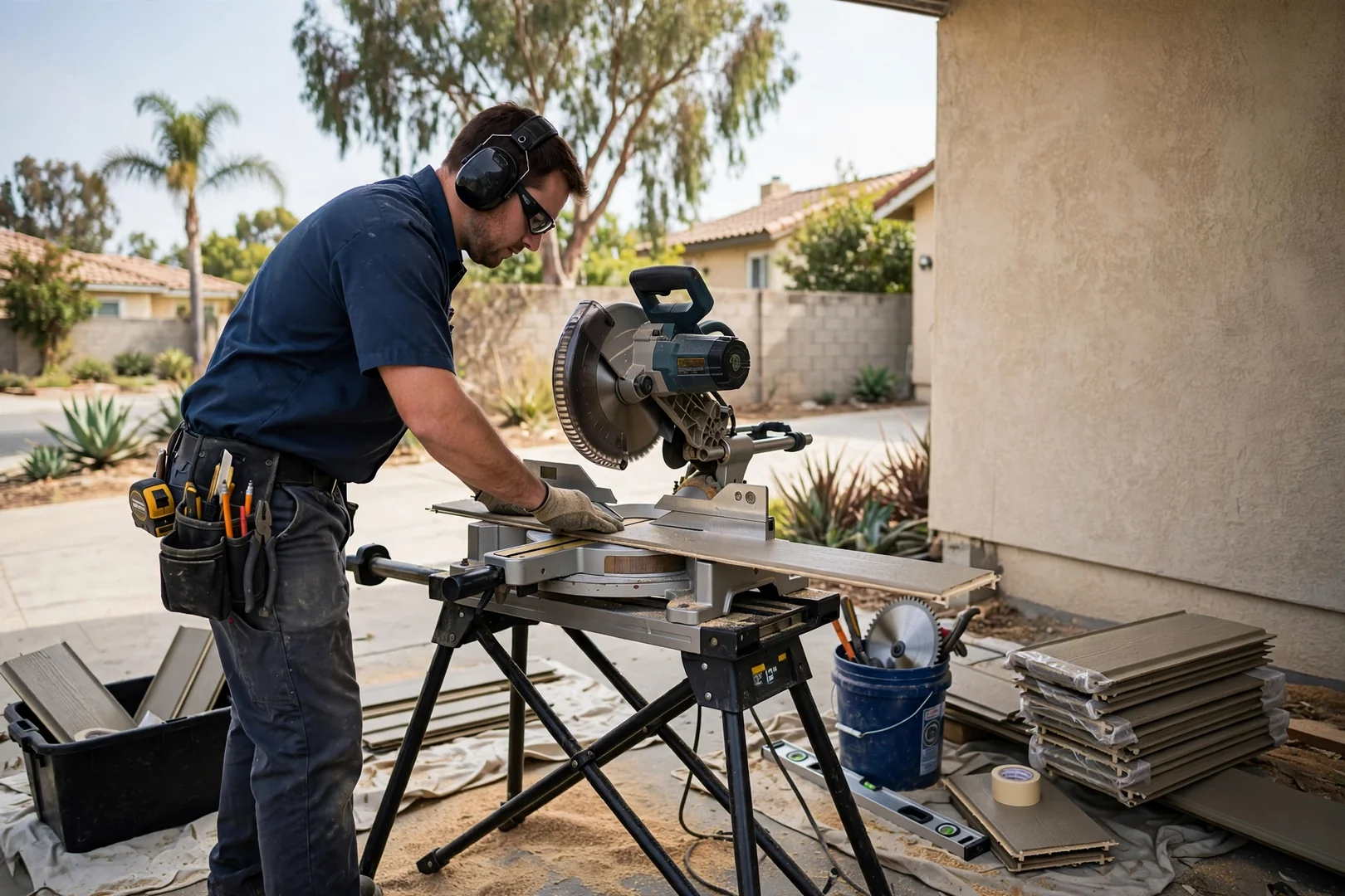 Miter saw cutting station set up on site for siding plank cutting