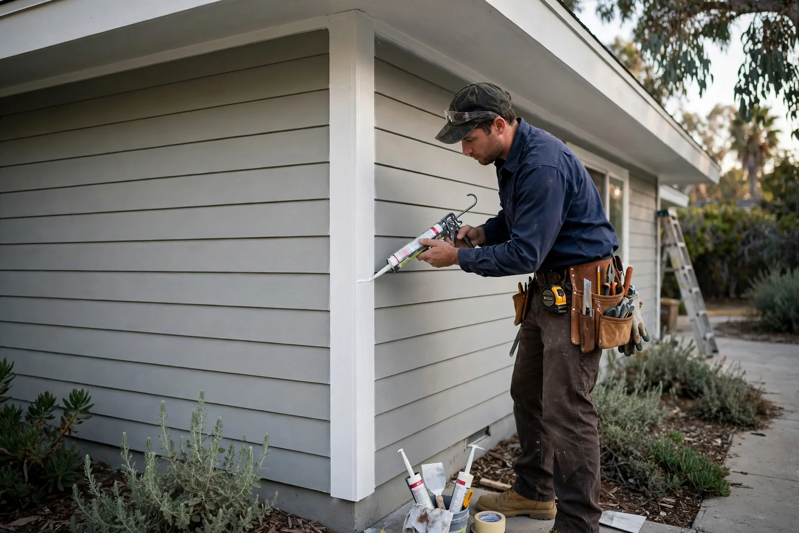 Rebuilt corner trim and soffit return on a mid-century Fullerton remodel exterior