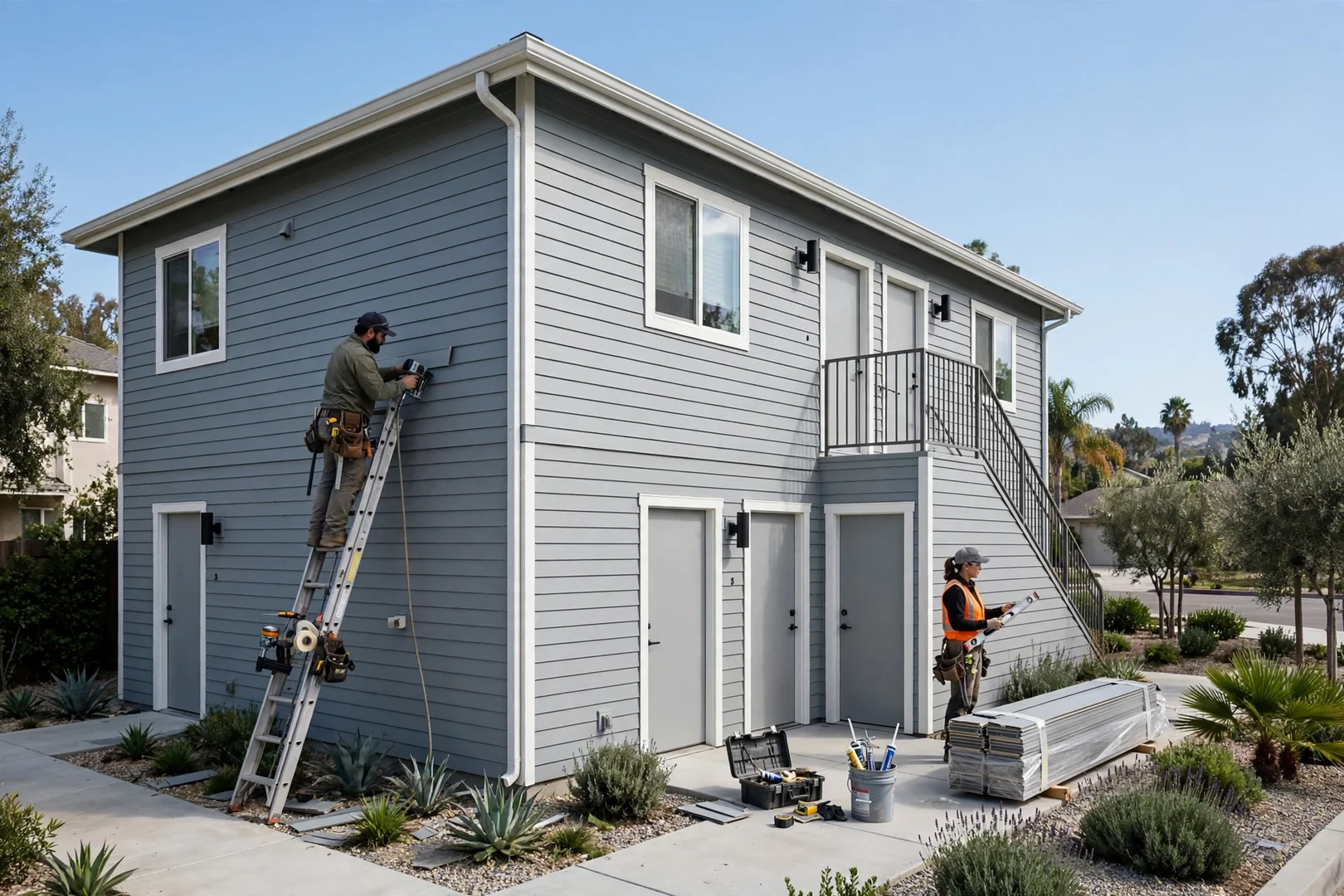Multi-unit building exterior after phased siding replacement and final cleanup