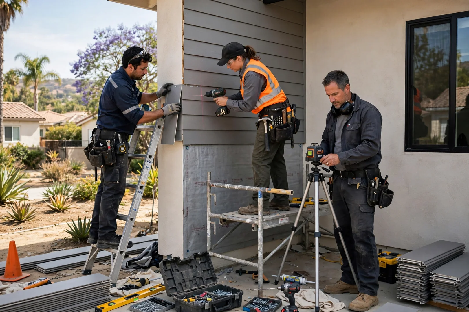 Siding installers coordinating panel layout and flashing details on a Fullerton home