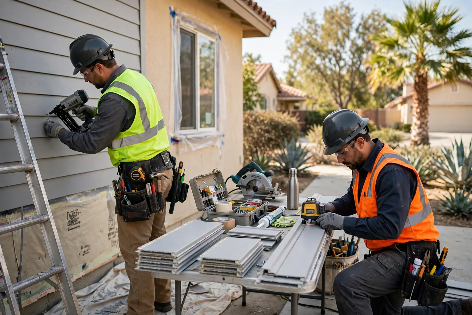 Estimator measuring a damaged siding section while preparing a written repair quote outdoors