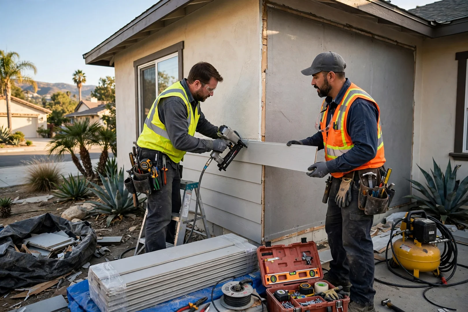 Siding contractor reviewing a written repair estimate with a homeowner outside a Fullerton home