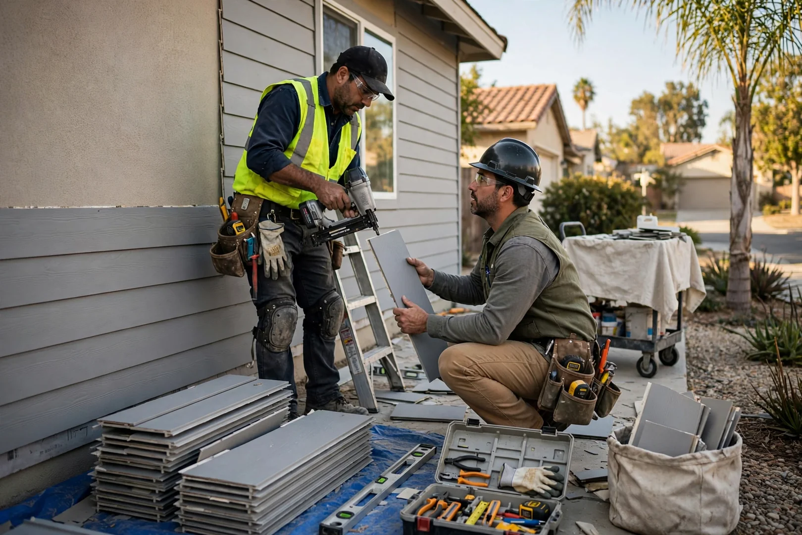 Siding repair specialist reviewing damaged lap boards on a Fullerton home exterior