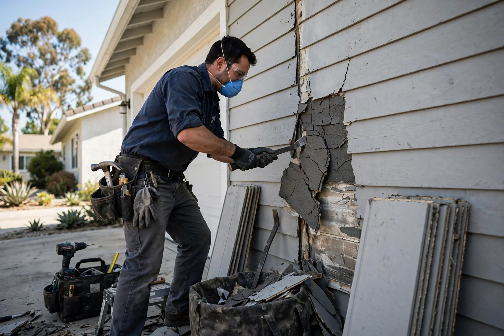 Contractor removing damaged fiber cement siding board from a Fullerton home exterior wall