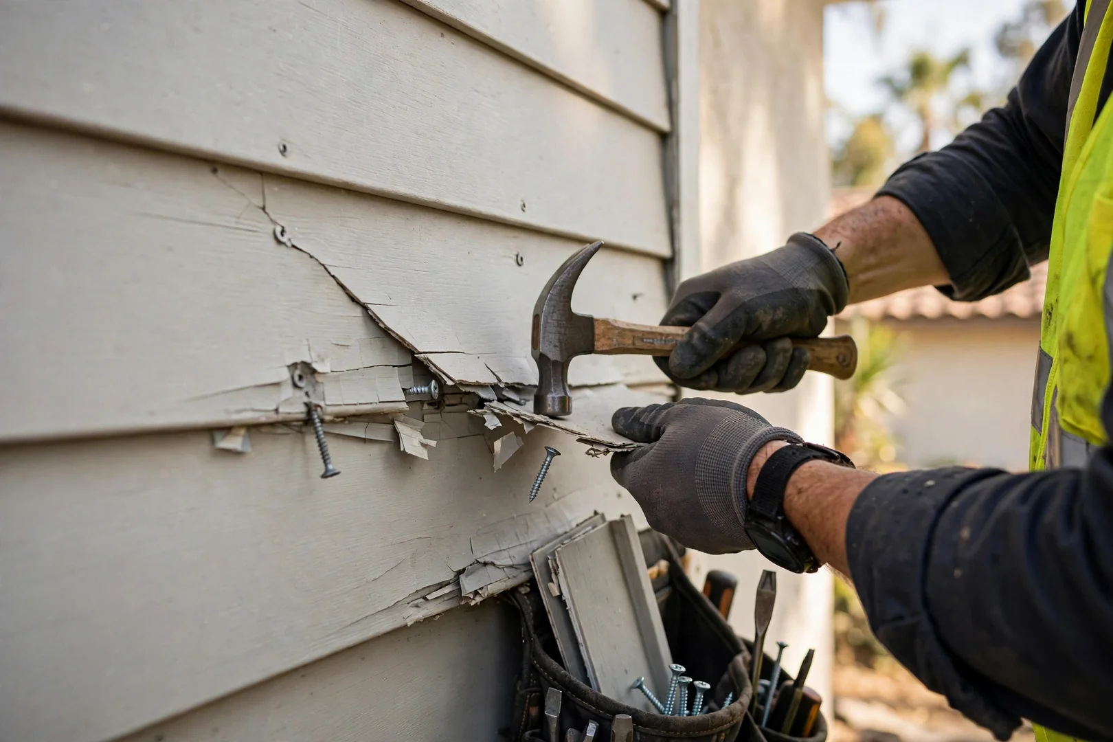 Close view of cracked vinyl siding panel and loose fasteners before repair work begins
