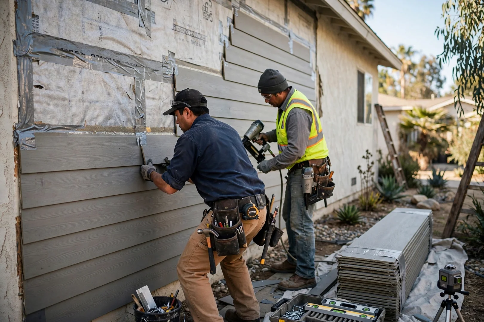 Crew installing replacement siding boards over patched weather-resistive barrier on a side wall