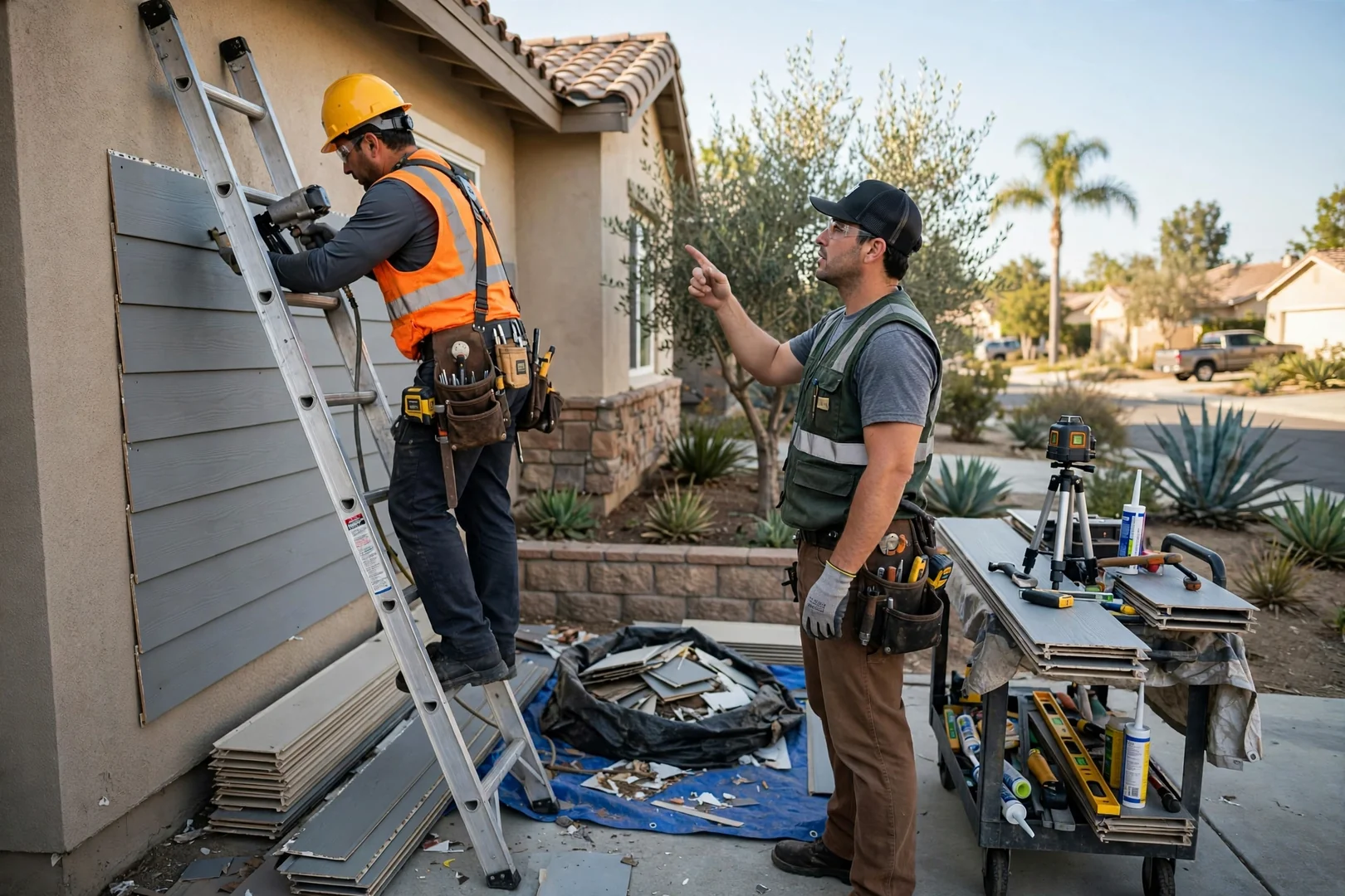Contractor inspecting damaged fiber cement lap siding on a Fullerton home exterior wall