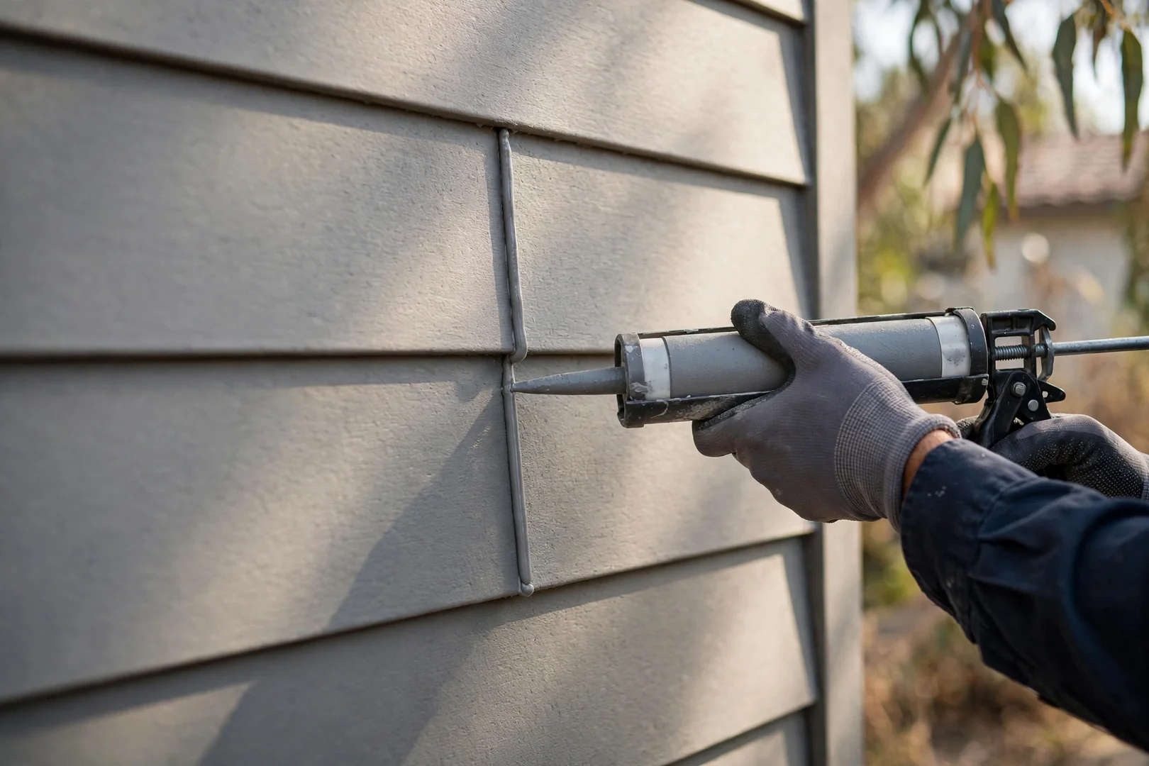 Close-up of replacement fiber cement plank installed and sealed at a butt joint