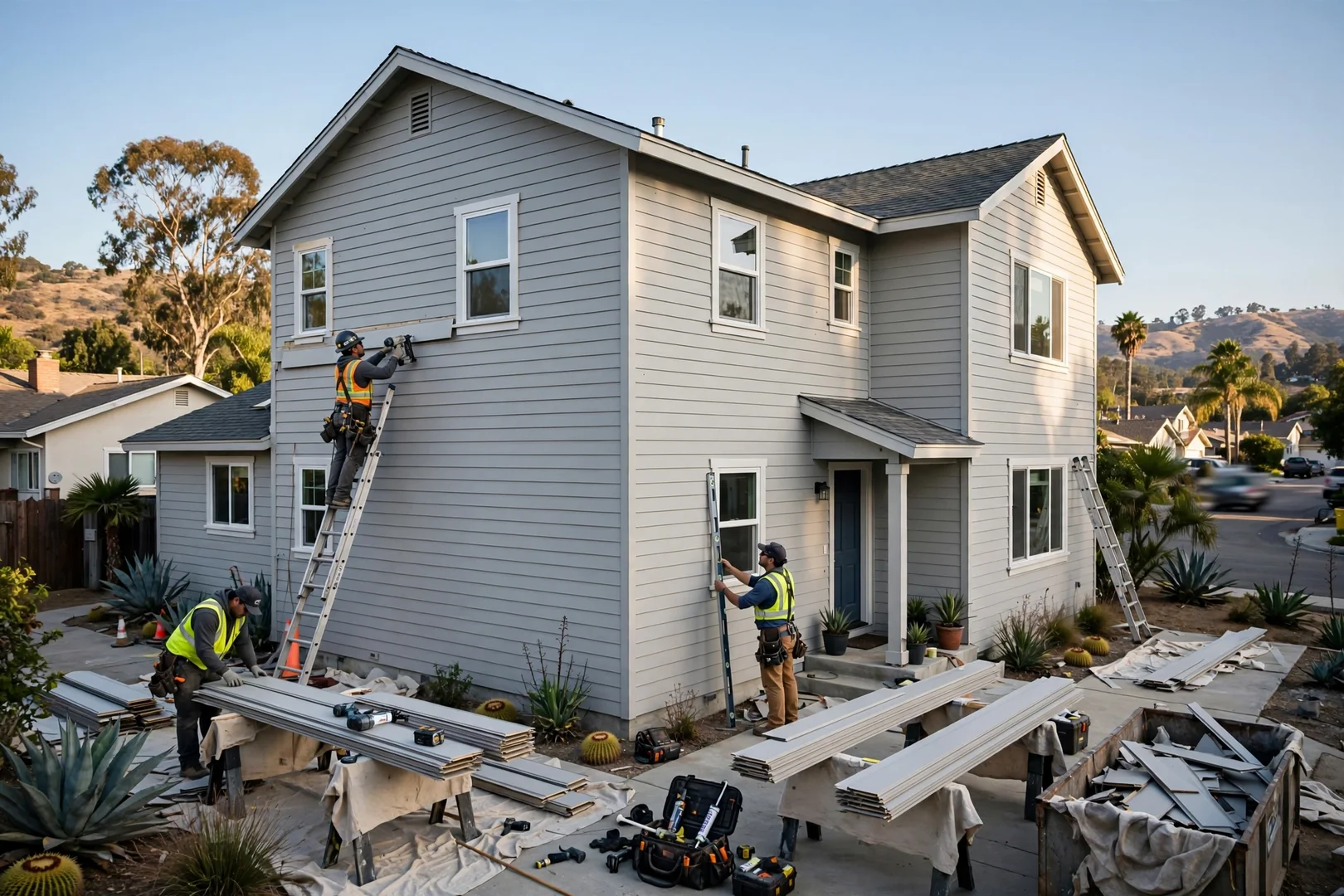Wide view of a repaired two-story home elevation with uniform siding courses