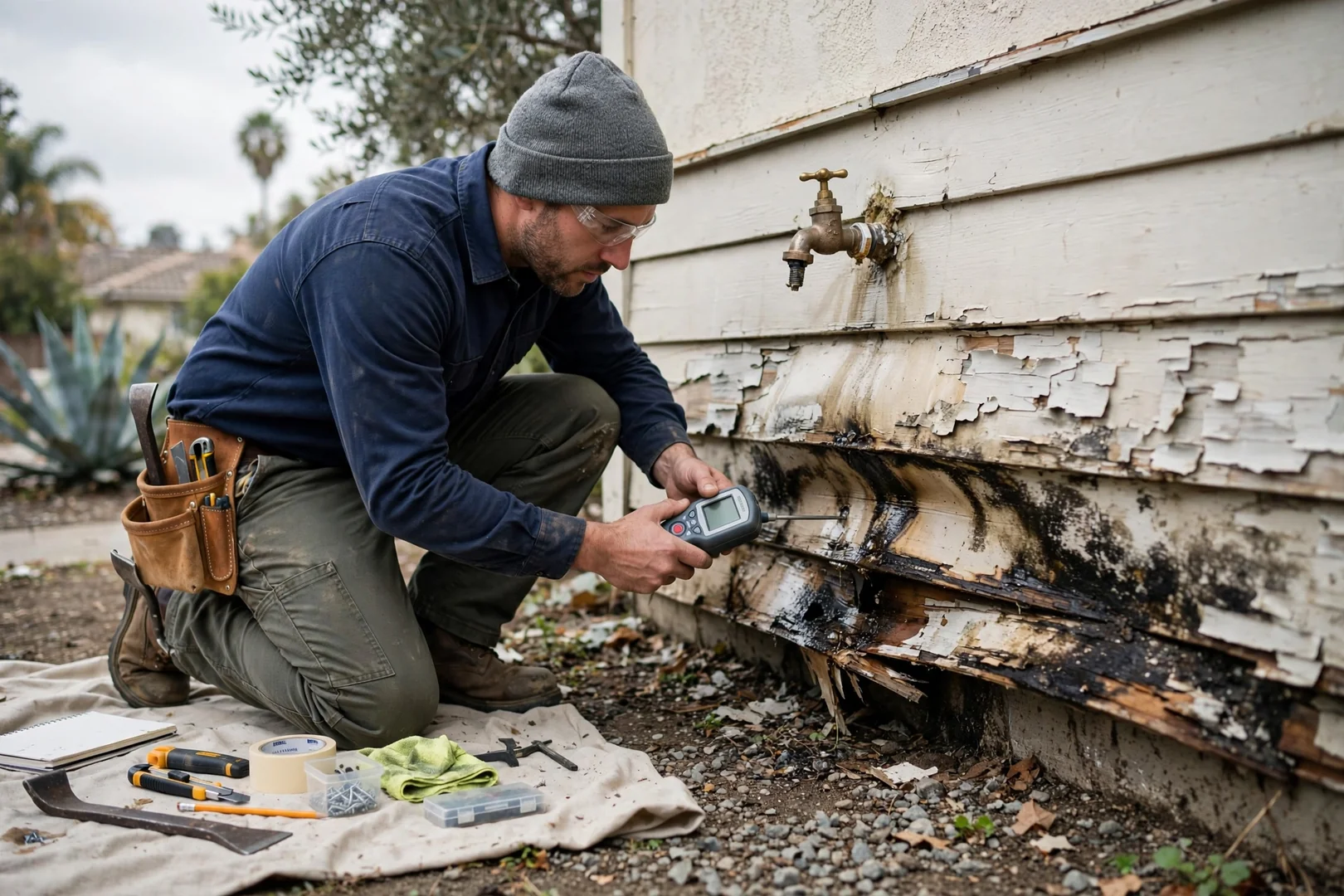Damaged and swollen siding boards near a hose bib before repair work begins