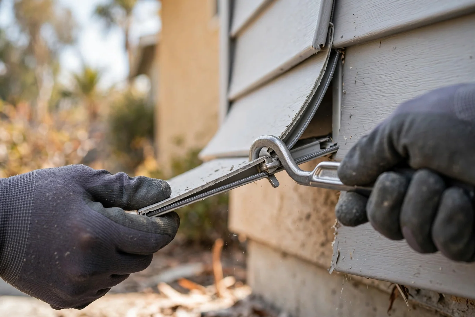 Siding zip tool separating a vinyl panel course during a targeted panel replacement