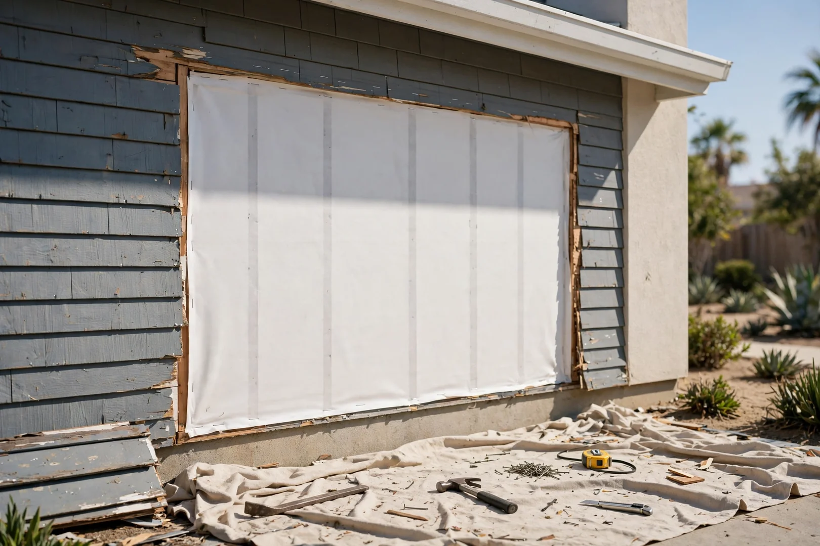 Exposed sheathing and house wrap inspected after damaged siding panels were removed