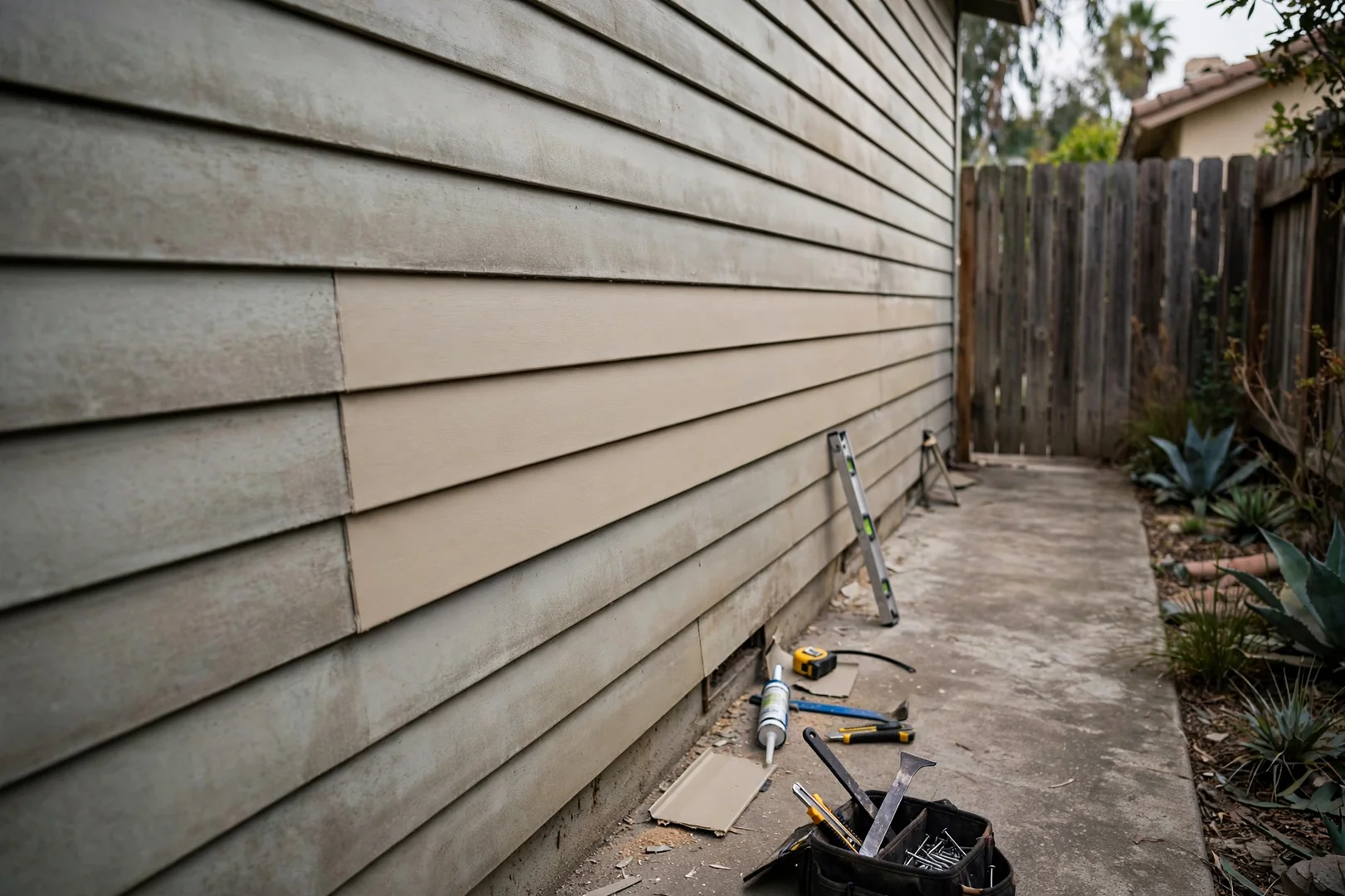 Color-matched replacement panel blended into surrounding weathered siding on a side wall