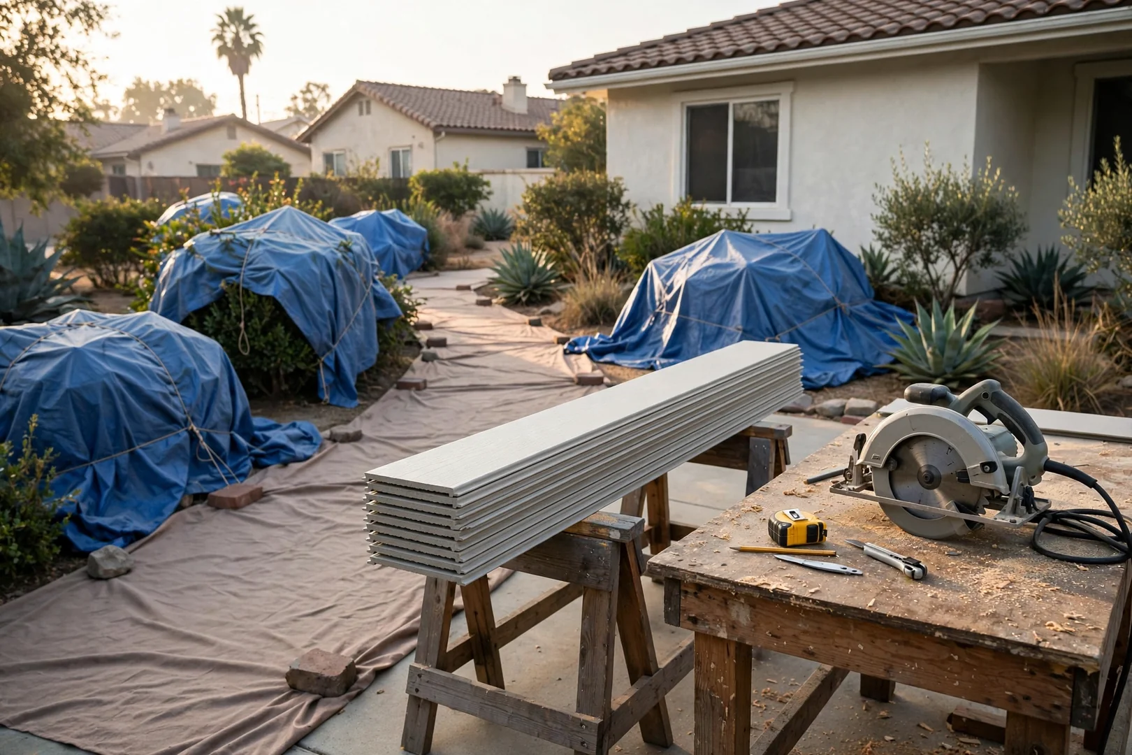 Organized work zone with covered walkway and staged siding boards ready for install