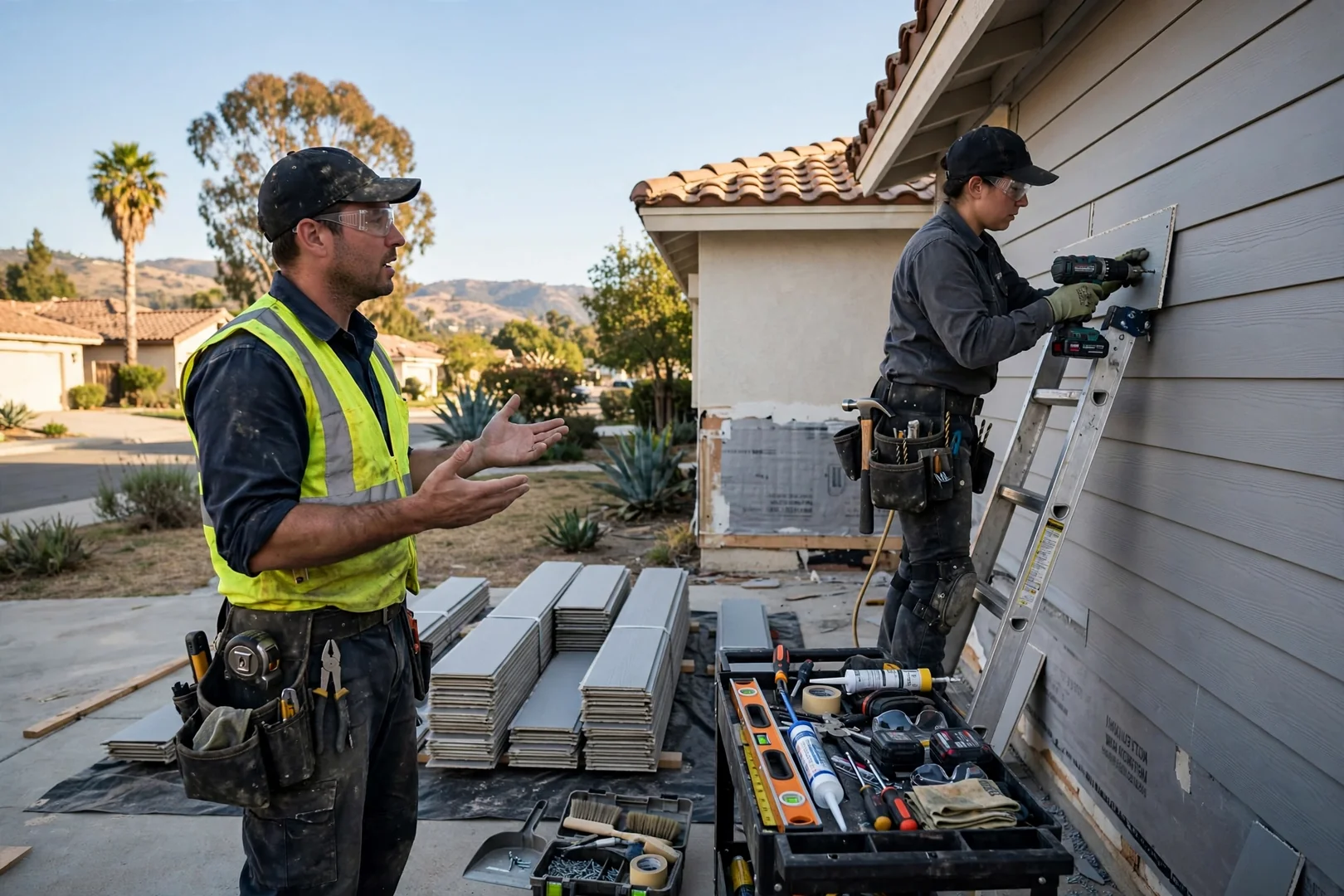 Siding repair specialist measuring replacement board against an existing wall course in Fullerton