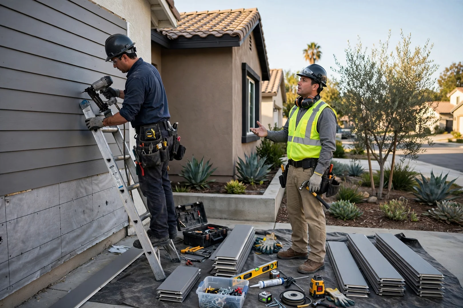 Siding crew installing vinyl panels and corner posts on a Fullerton home exterior