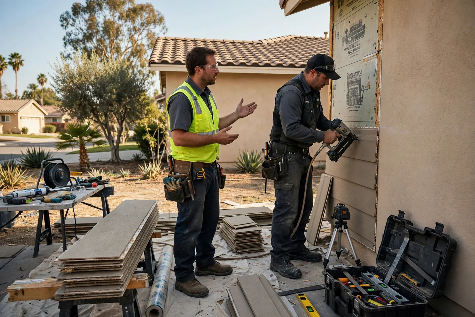 Installer aligning vinyl siding panels along a Fullerton home exterior wall