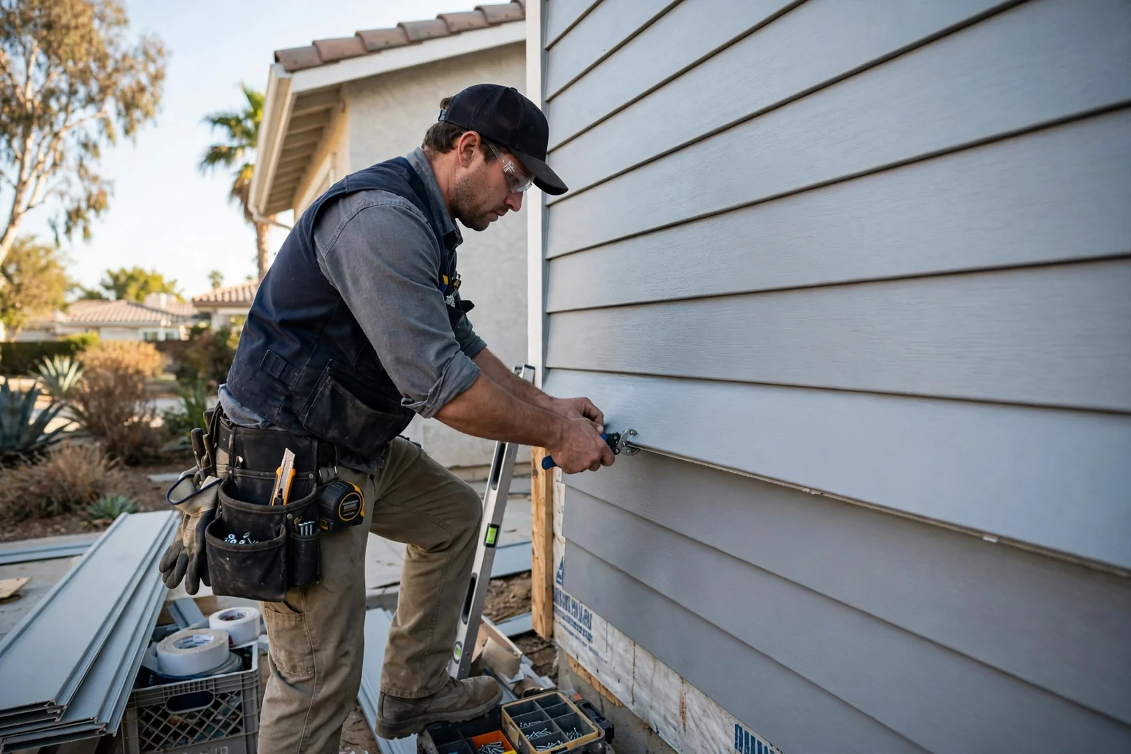 Installer locking a new vinyl siding panel into place on a Fullerton home