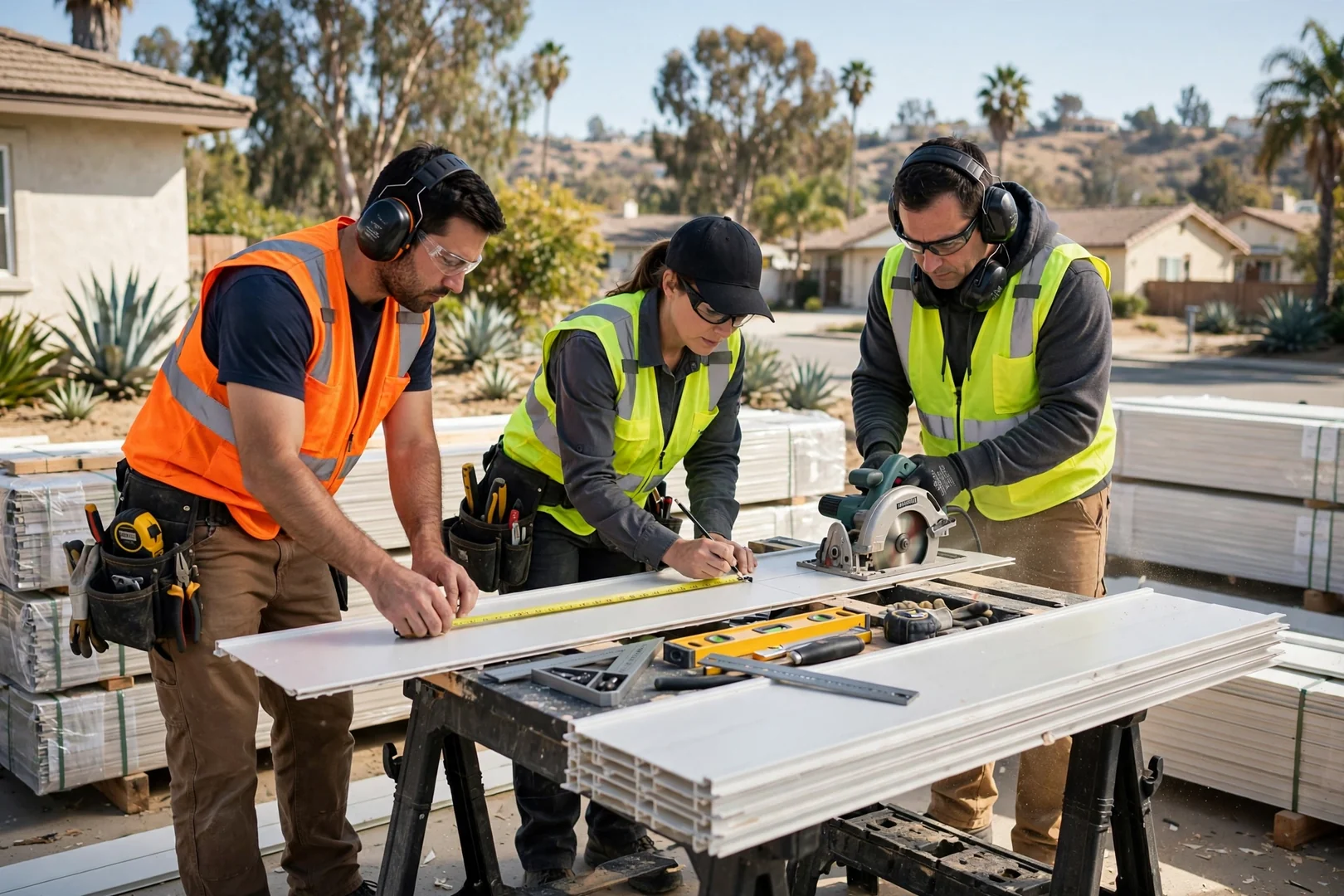 Crew measuring and cutting vinyl panels at an organized job site cut station