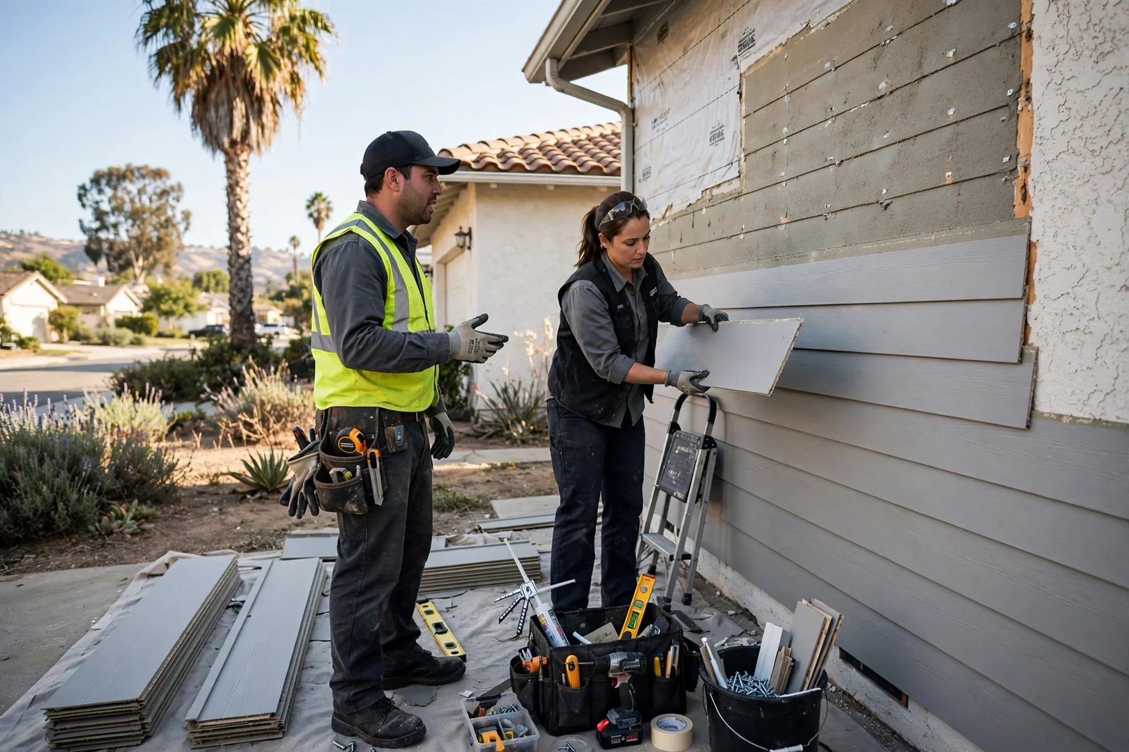 Installer aligning vinyl siding panel along starter strip on a Fullerton home exterior wall