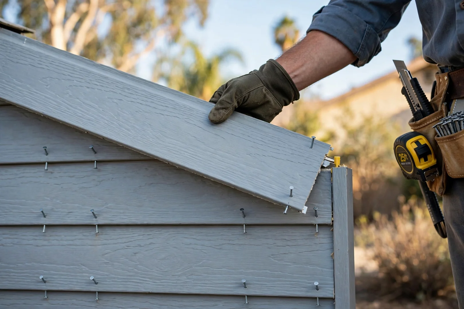 Close-up of overlapping vinyl siding courses showing even fastener spacing and expansion clearance