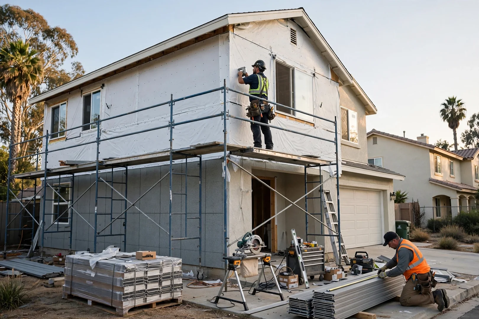 Two-story tract home mid-installation with house wrap exposed on the upper elevation