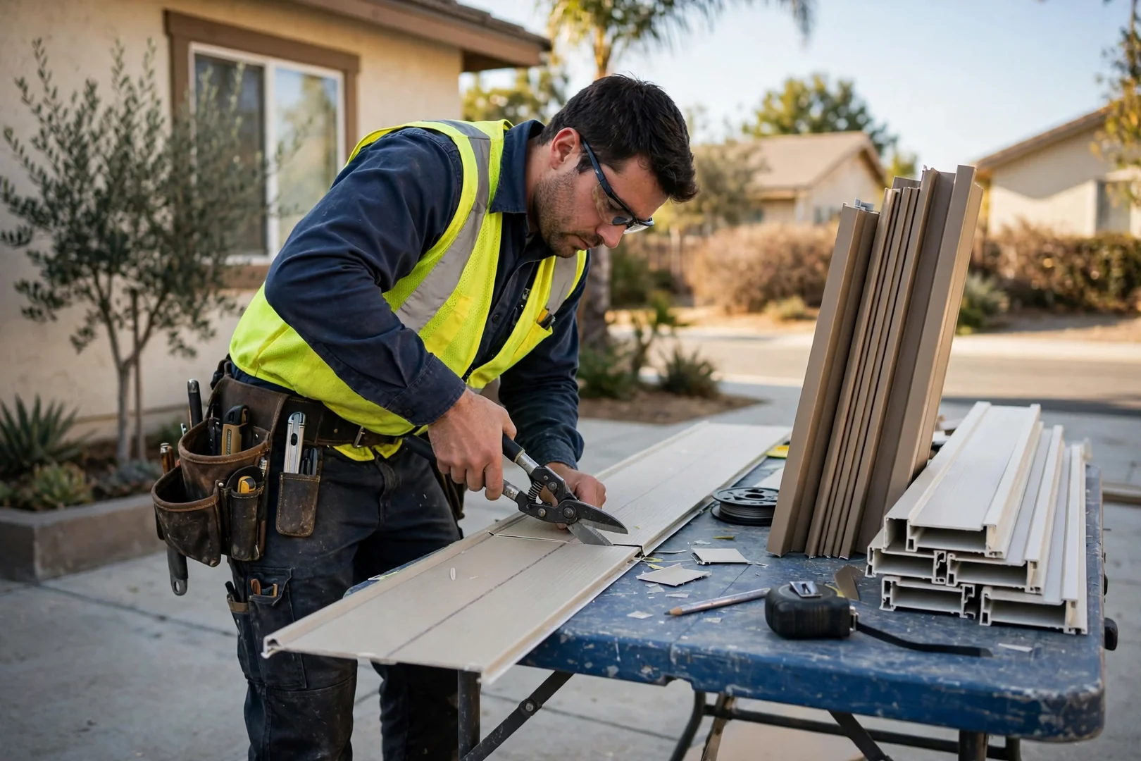 Installer cutting a vinyl panel on a work table beside staged corner posts and J-channel