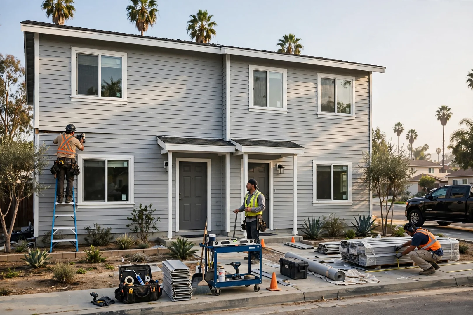 Wide view of a duplex exterior with newly installed vinyl siding and clean job site
