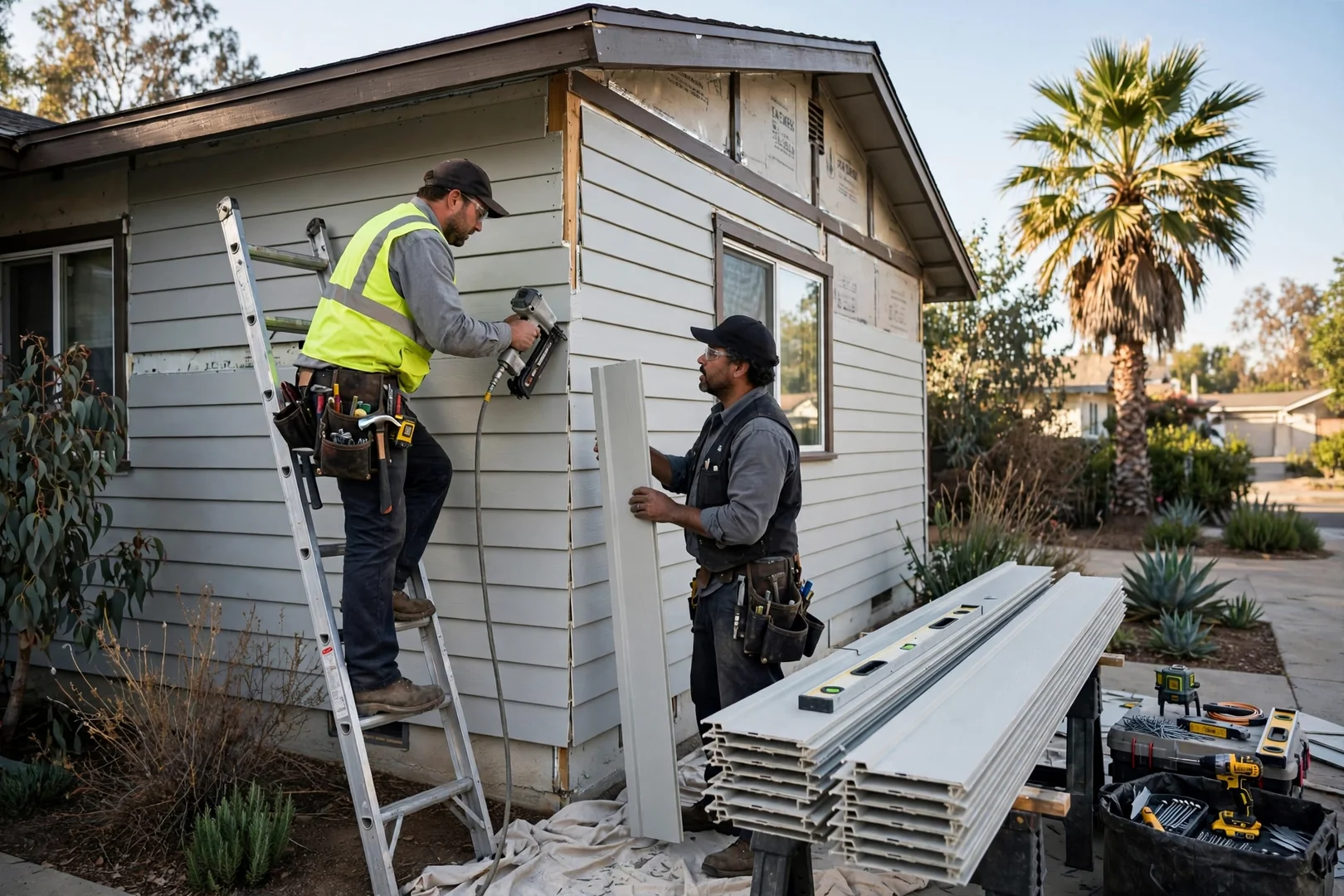 Siding crew reviewing panel layout plans beside a Fullerton home mid-installation